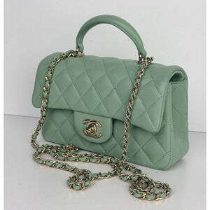 Chanel Mini Top Handle Rectangular Flap Bag Light Green Quilted Leather NFC E1